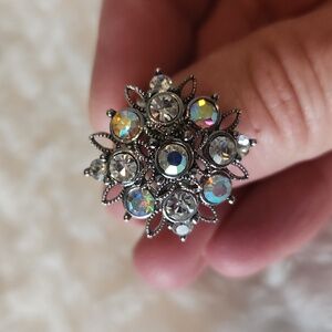 Silver-Tone Aurora Crystal And Rhinestone  Floral Ring - Adjustable Size